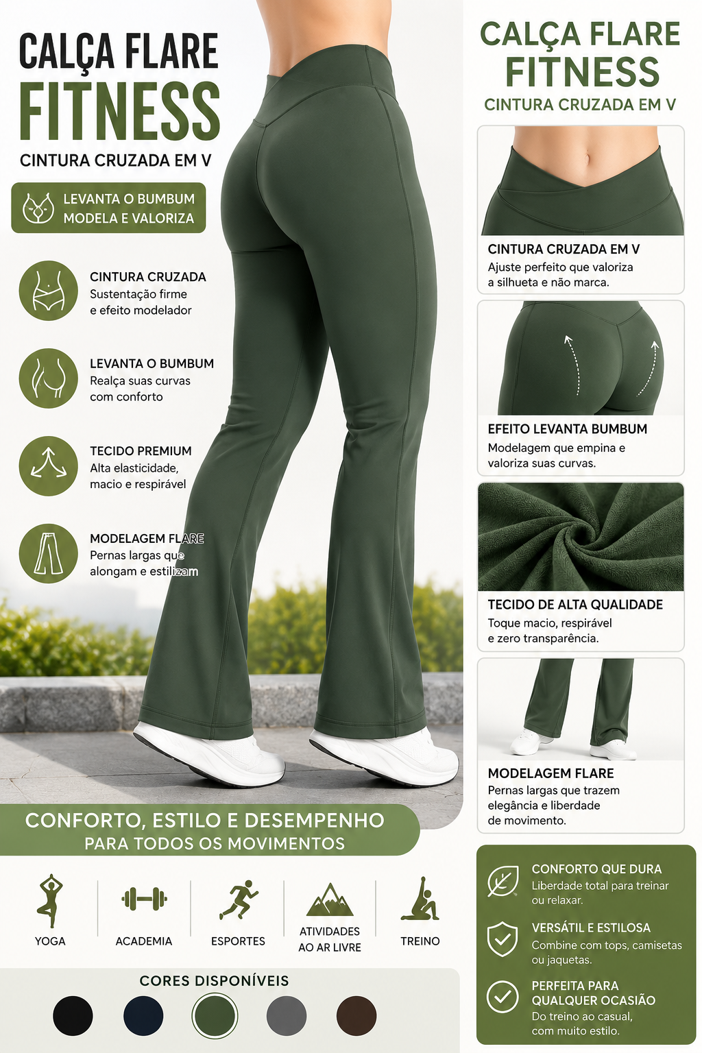 Calça Flare Fitness com Cintura Cruzada em V para Levantar o Bumbum, Ideal para Yoga, Esportes, Academia e Atividades ao Ar Livre. Calça de Pernas Largas para Treino.