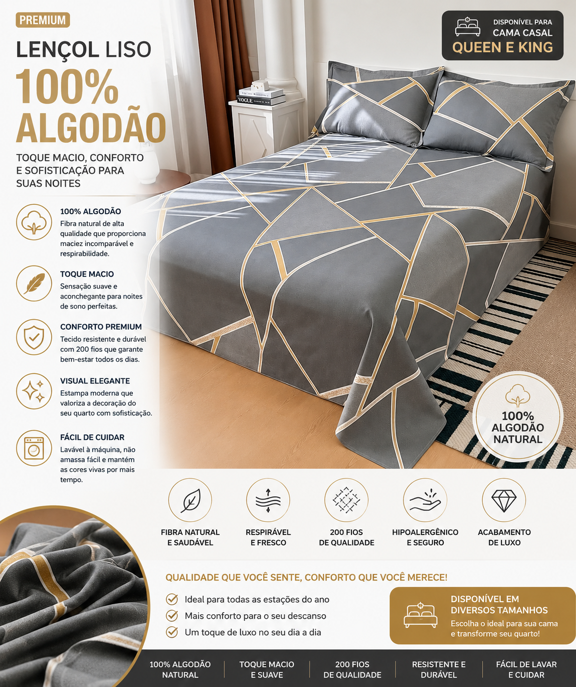 Lençol Liso 100% Algodão para Cama Casal Queen e King Toque Macio Conforto Premium Luxo