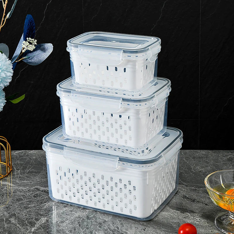 Cesto Organizador para Geladeira com Tampa e Escorredor Porta Frutas e Legumes Multiuso Premium