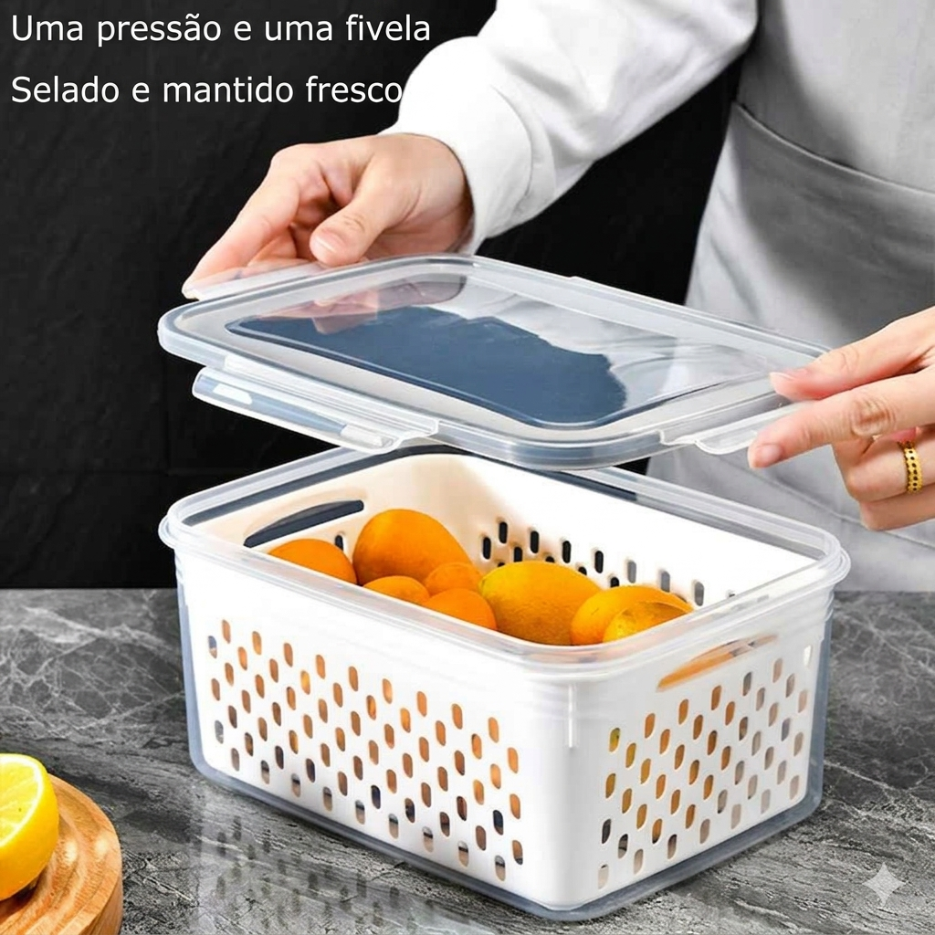 Cesto Organizador para Geladeira com Tampa e Escorredor Porta Frutas e Legumes Multiuso Premium