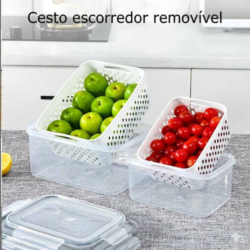 Cesto Organizador para Geladeira com Tampa e Escorredor Porta Frutas e Legumes Multiuso Premium